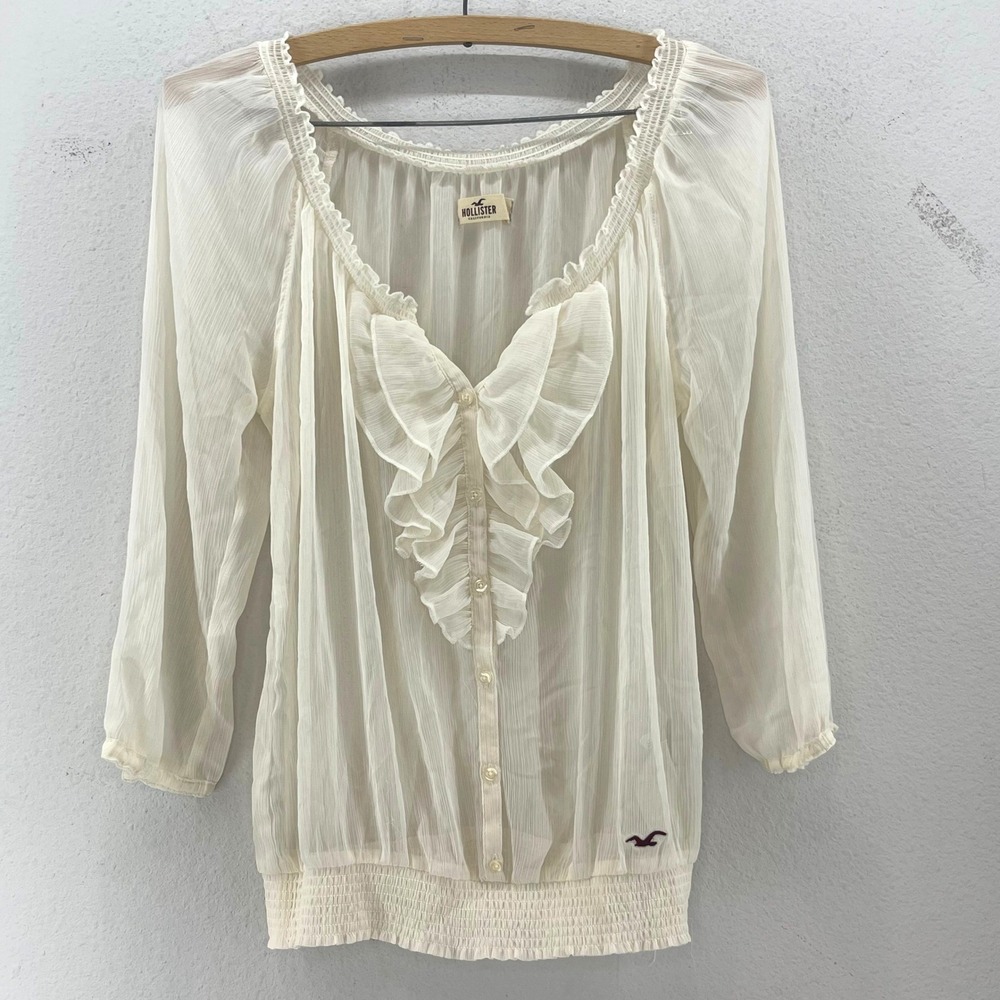 Hollister Ruffle Blouse Womens M Cream Sheer Smocked Boho Cottage Peasant Soft